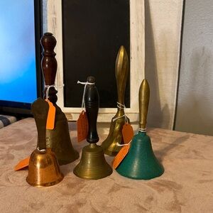 5 pc lot Vintage Brass and Copper Hand Bells Set